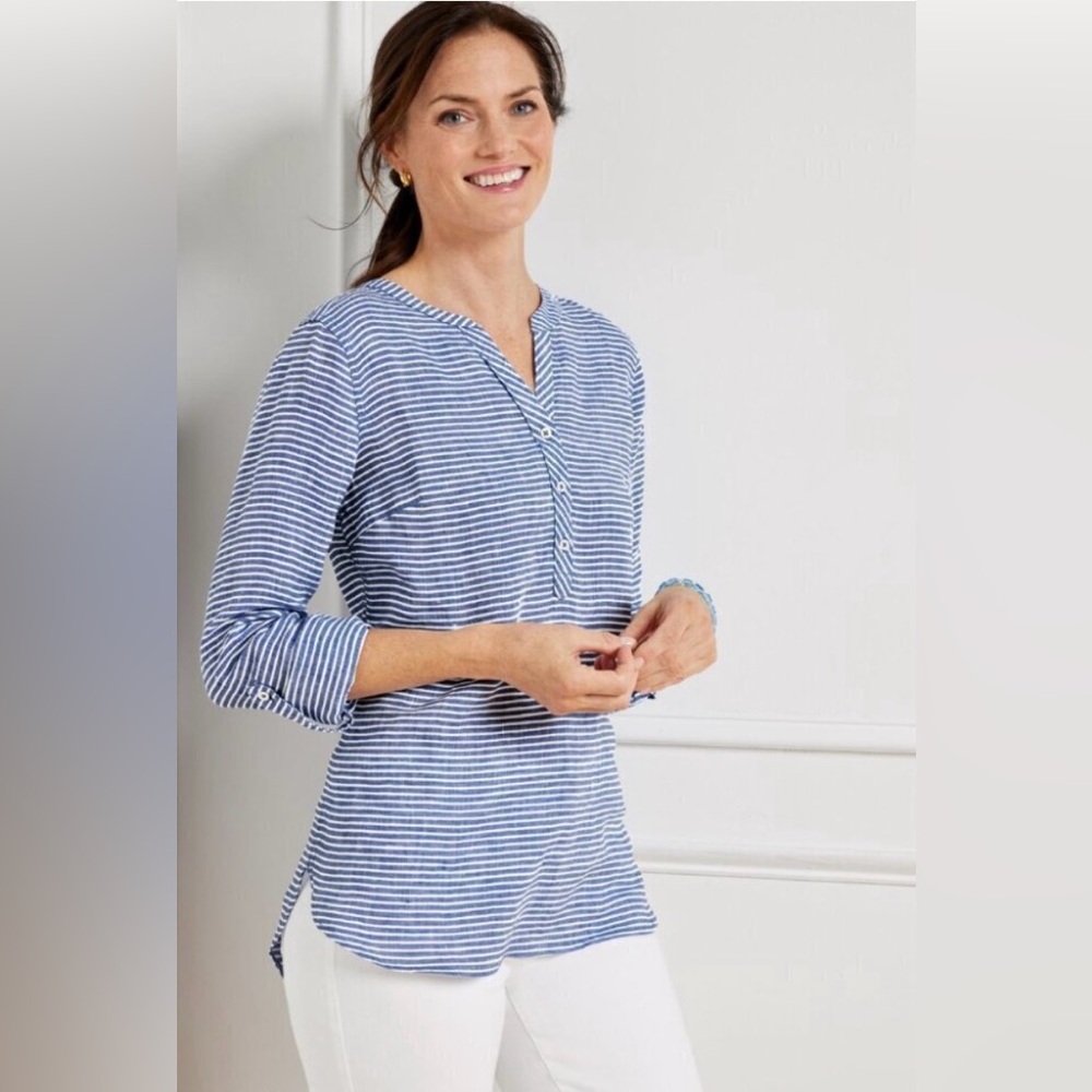 Talbots 100% Linen Popover Blue and White Striped Tunic